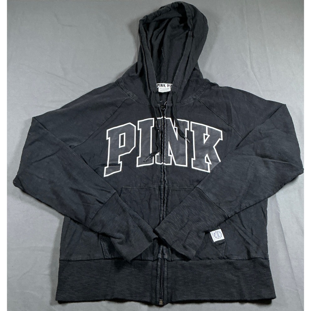 Pink Victoria's Secret Full Zip Hoodie Black Graphic Logo Thumbhole Large